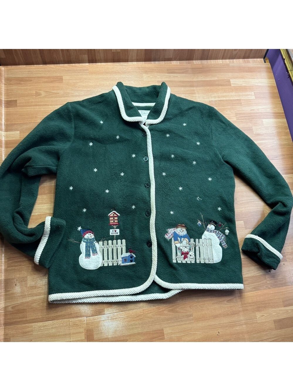 Christmas cardigan sweater snow man green vintage button down vintage med
